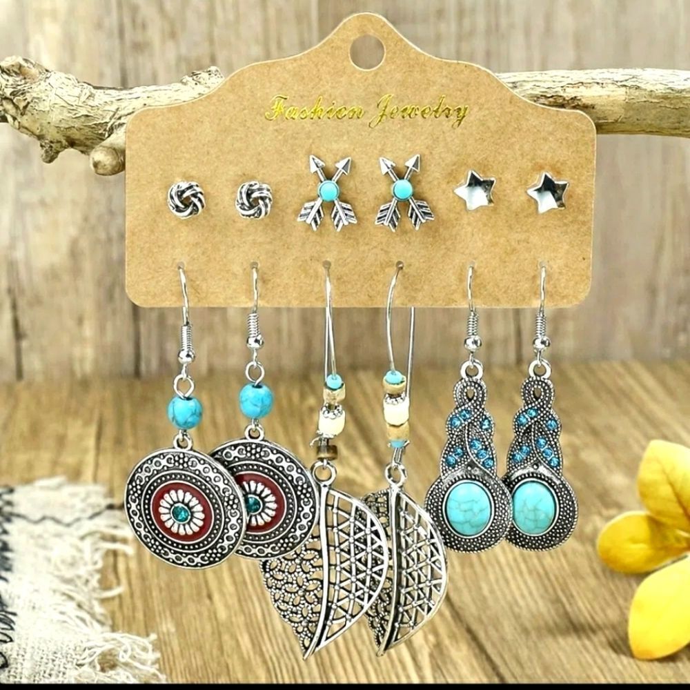 Silver turquoise arrow leaf tribal earrings